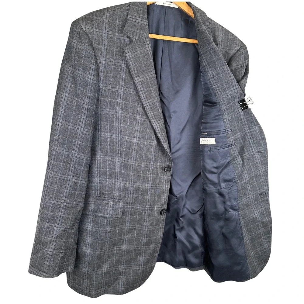 John W. Nordstrom Mens 44L Blazer Sport Coat Grey Blue Plaid Silk Wool Blend